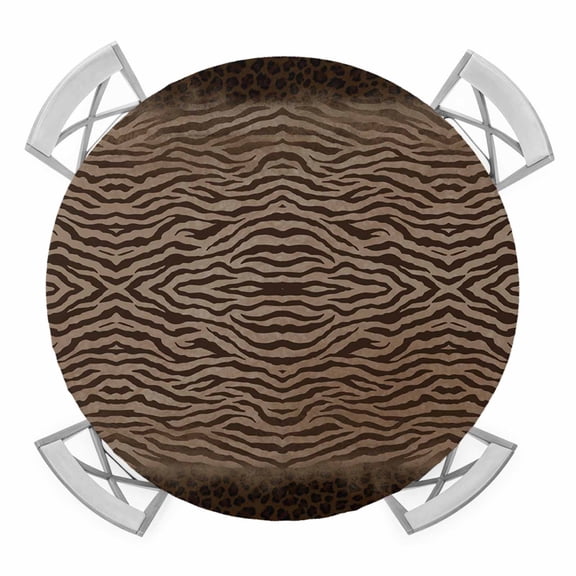 Brown Zebras Striped Round Tablecloth for 36-44 Inch Tables, Fitted Table Cover with Elastic Edge, Vintage Animal Skin Print Waterproof Outdoor Table Cloth Protector for Patio Garden Dinner Picnic
