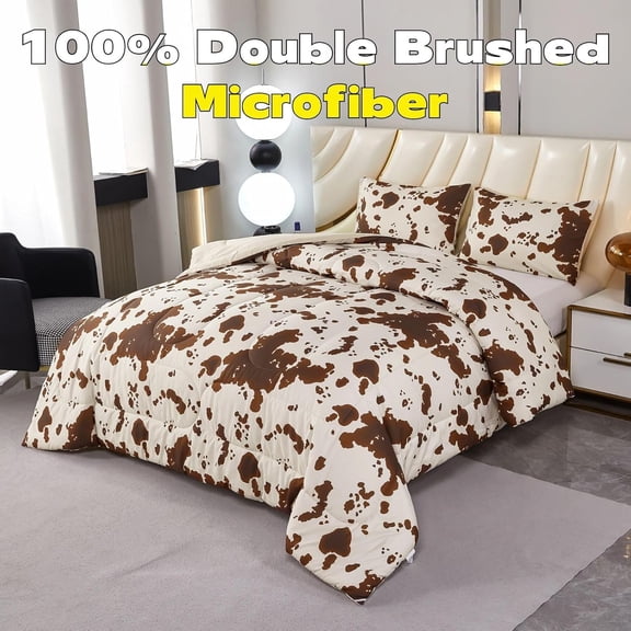 Brown and Beige Cow Print Bedding Set 3 Pieces Cartoon Cowhide Twin Comforter Set for Kids Teens Boys Girls Farmhouse Style Western Highland Bed Sets