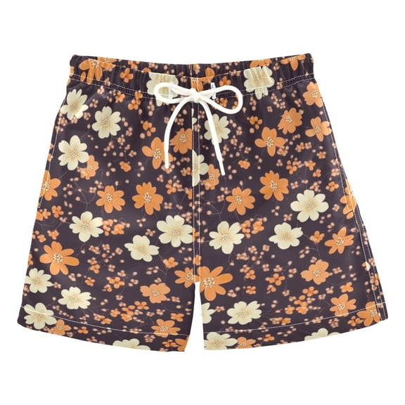 Brown and Beige Flowers Boys Swim Trunks Quick Dry Boy Swim Shorts for 3-14 Years
