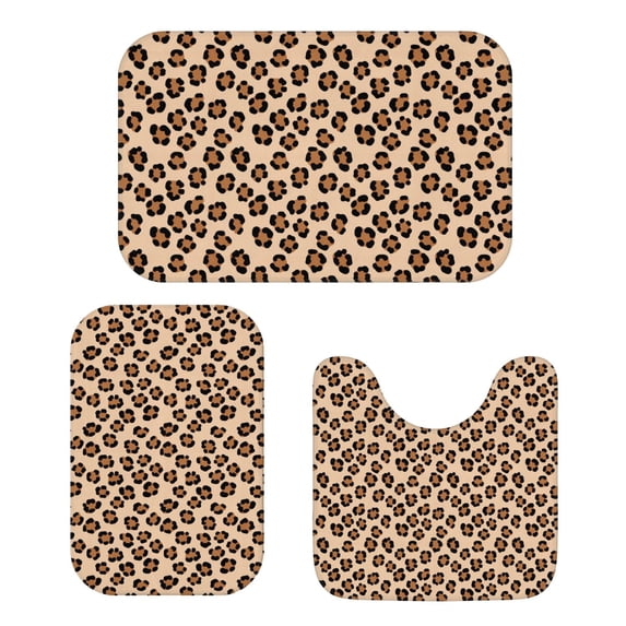 Brown and Beige Leopard Print Bathroom Rug Set 3 Piece,Non-Slip Bath Mat Set with U-Shaped Contour and Runner Soft Absorbent Washable