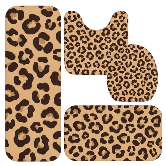 Brown and Beige Leopard Print Bathroom Rug Set 4 Piece,Includes Contour,Lid Cover,Bath Mat,Non-Slip Extra Soft Absorbent Washable