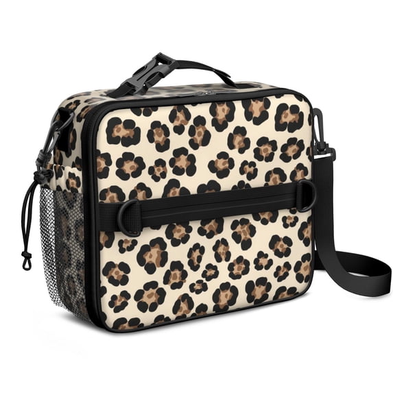Brown and Beige Leopard Print Insulated Lunch Bag with Shoulder Strap and Bottle Holder,Bento School Lunch Bag Box,11x9.5x3.5 Inches