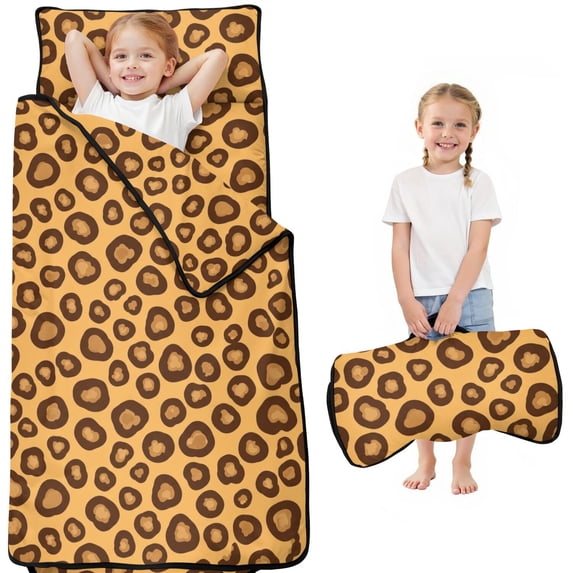 Brown and Beige Leopard Print Teens Toddler Nap Mat with Pillow, Sleeping Mat Bag for Preschool Daycare 50"x20"