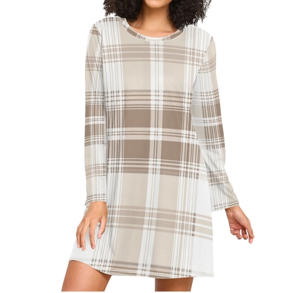 Brown and Beige Plaids Women's Long Sleeves Nightgowns Sleepwear Soft Pajama A-line Sleep Dress XXXL