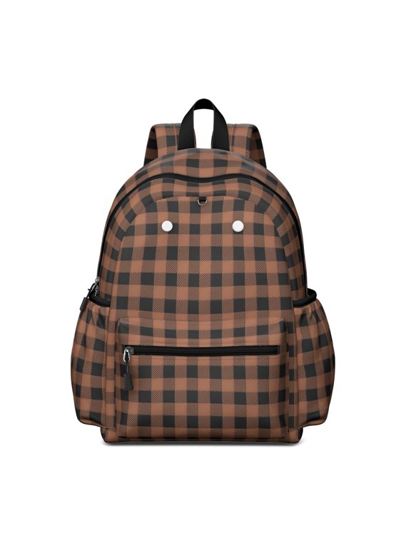 Brown and Black Checkered Pattern Backpack for School, Cute School Bag with Adjustable Shoulder Straps and Padded Back, 13.4"x11"x4.7"