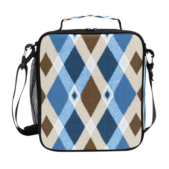 Brown and Blue Argyle Pattern Plaids Insulated Lunch Bag Reusable Lunch Box Lunch Container with Straps
