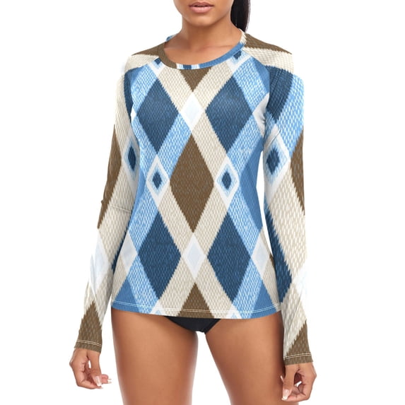 Brown and Blue Argyle Pattern Plaids Women's Rash Guard Shirts UPF 50 ...