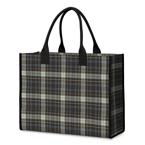 Brown and Blue Checkered Pattern Beach Tote Bag, Shopping Carry Tote with Inner Pocket & Removable Bottom, Padded Handles Gifts for Women Men