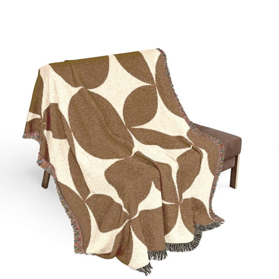 Brown and Cream Retro Geometric Woven Blanket, 100% Cotton, Abstract Circle Pattern for Sofa or Bed