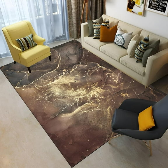 Brown and Gold Marble Pattern Decorative Area Rug, Abstract Non-Slip Washable Carpet 2x3ft