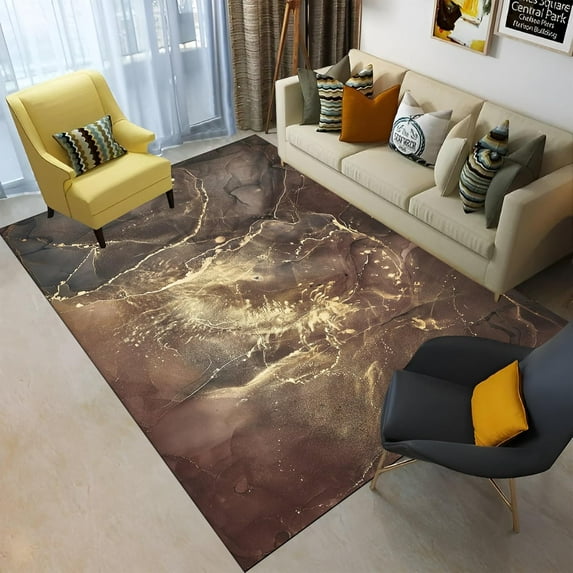 Brown and Gold Marble Pattern Decorative Area Rug, Abstract Non-Slip Washable Carpet 3x4ft