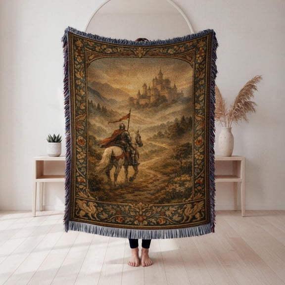 Brown and Gold Medieval Knight and Castle Woven Throw Blanket, 100% Cotton, Tapestry Style for Sofa or Bed