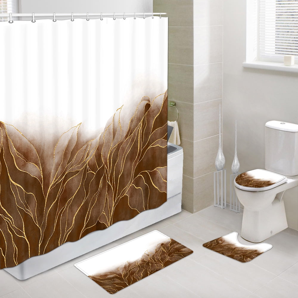 Brown and Golden Bathroom Sets with Shower Curtain and Rugs,Golden line Leaves Bathroom Curtain ...