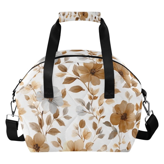 Brown and Gray Flowers Leaves Vector Insulated Lunch Bag Reusable Quilted Lunch Box Waterproof Leakproof Lunch Container