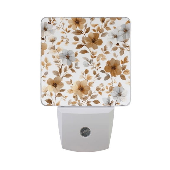 Brown and Gray Flowers Leaves Vector LED Night Light Sensor Lamp Plug-in Adjustable Brightness 2 Pack