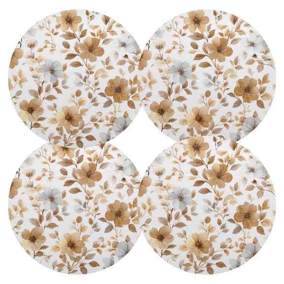 Brown and Gray Flowers Leaves Vector PVC Round Grid Placemat Table Mat Set 4 Pcs 15.4" x 15.4"