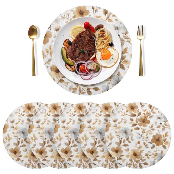 Brown and Gray Flowers Leaves Vector PVC Round Grid Placemat Table Mat Set 6 Pcs 15.4" x 15.4"