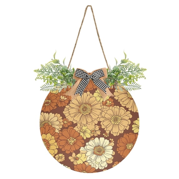Brown and Orange Flowers Front Door Porch Decoration Hanging Sign with Artificial Green Plants and Bow for Home Outdoor Indoor