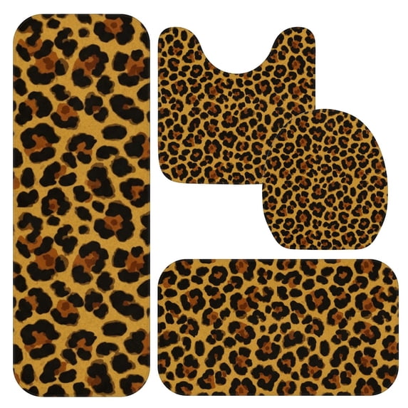 Brown and Orange Leopard Print Bathroom Rug Set 4 Piece,Includes Contour,Lid Cover,Bath Mat,Non-Slip Extra Soft Absorbent Washable