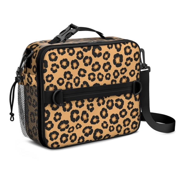Brown and Orange Leopard Print Insulated Lunch Bag with Shoulder Strap and Bottle Holder,Bento School Lunch Bag Box,11x9.5x3.5 Inches