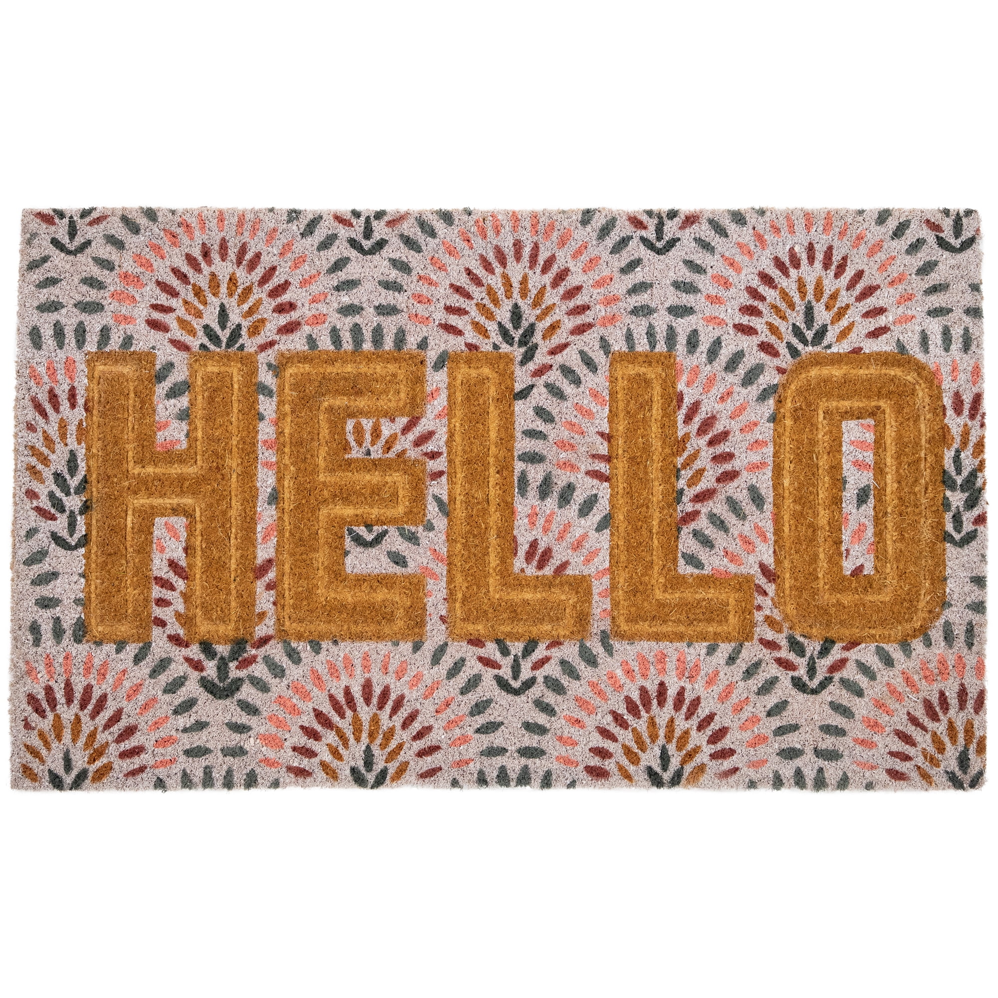 Brown and Pink "Hello" Floral Coir Outdoor Doormat 18" x 30"