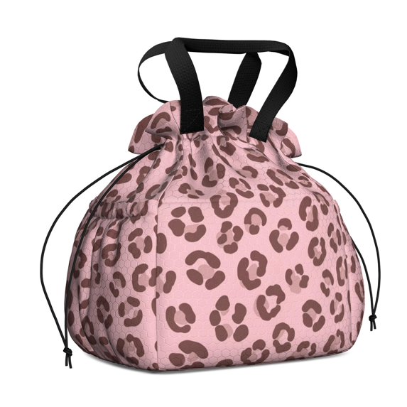 Brown and Pink Leopard Print Drawstring Insulated Lunch Bag for Women, Stain-Resistant Large Lunch Tote with Multi-Pockets for Work Office