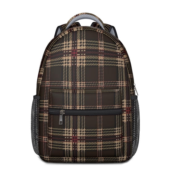 Brown and Red Checkered Pattern Backpack for School, Cute School Bag with Adjustable Shoulder Straps and Padded Back, 15.3"x11"x6.7"