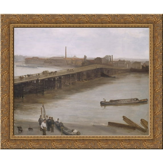 Brown and Silver Old Battersea Bridge 24x20 Gold Ornate Wood Framed Canvas Art by James McNeill Whistler
