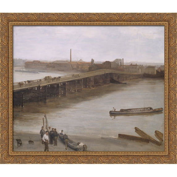 Brown and Silver Old Battersea Bridge 32x28 Large Gold Ornate Wood Framed Canvas Art by James McNeill Whistler