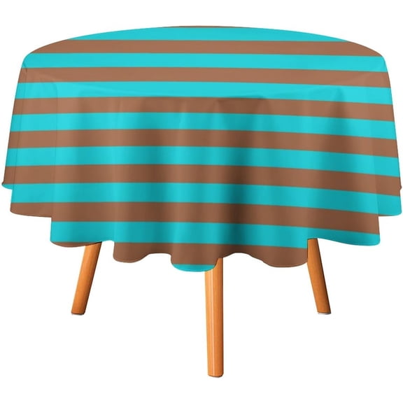 Brown and Teal Stripes Tablecloth 70inch Round Table Cover Washable Table Cloth for Kitchen Dinning Party Tabletop Modern Decoration