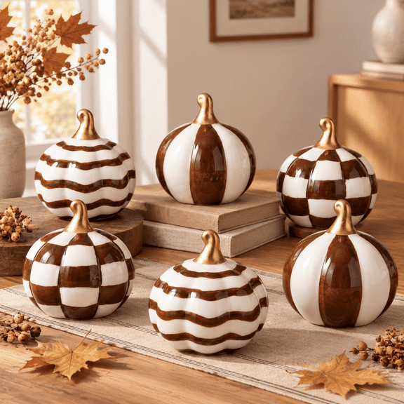 Brown and White Checkered 6 Pack Ceramic Pumpkin Fall Decor Figurines