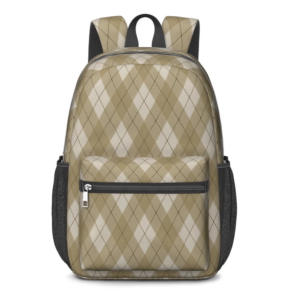 Brown and White Checkered Pattern 17" School Backpacks for Teens,Waterproof Oxford Fabric,S-Shape Padded Straps for School,Travel,Hiking,Camping