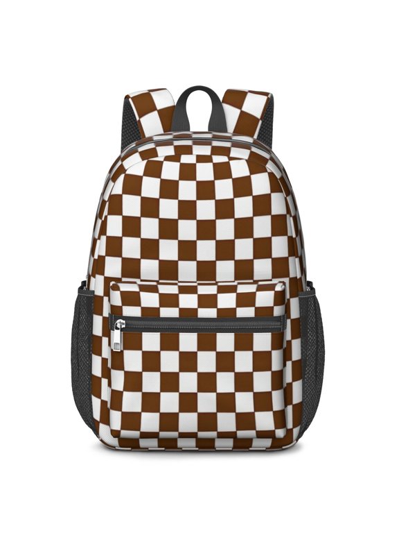 Brown and White Checkered Pattern 17" School Backpacks for Teens,Waterproof Oxford Fabric,S-Shape Padded Straps for School,Travel,Hiking,Camping
