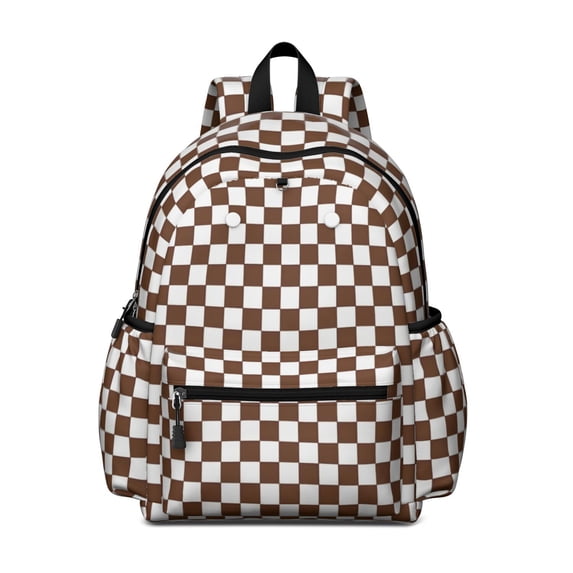 Brown and White Checkered Pattern Backpack for School, Cute School Bag with Adjustable Shoulder Straps and Padded Back, 13.4"x11"x4.7"