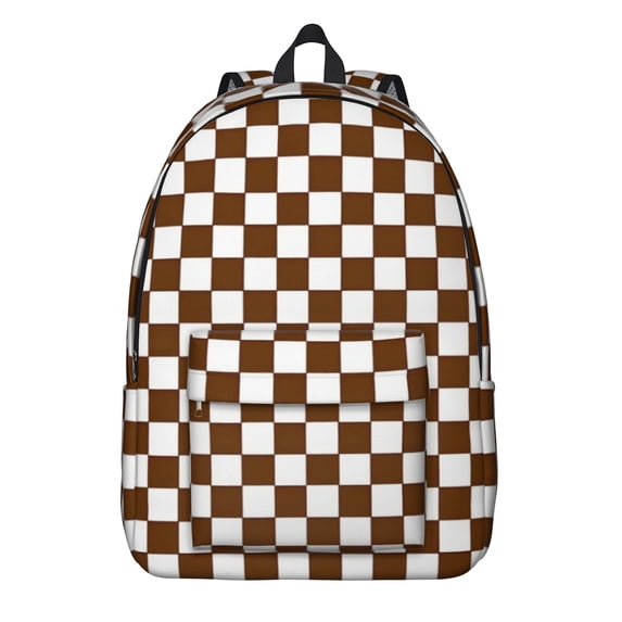 Brown and White Checkered Pattern Backpack for School, Cute School Bag with Adjustable Shoulder Straps and Padded Back, 15.7"x11.8"x5.5"