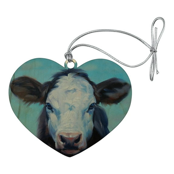 Brown and White Cow Painting Heart Love Wood Christmas Tree Holiday Ornament