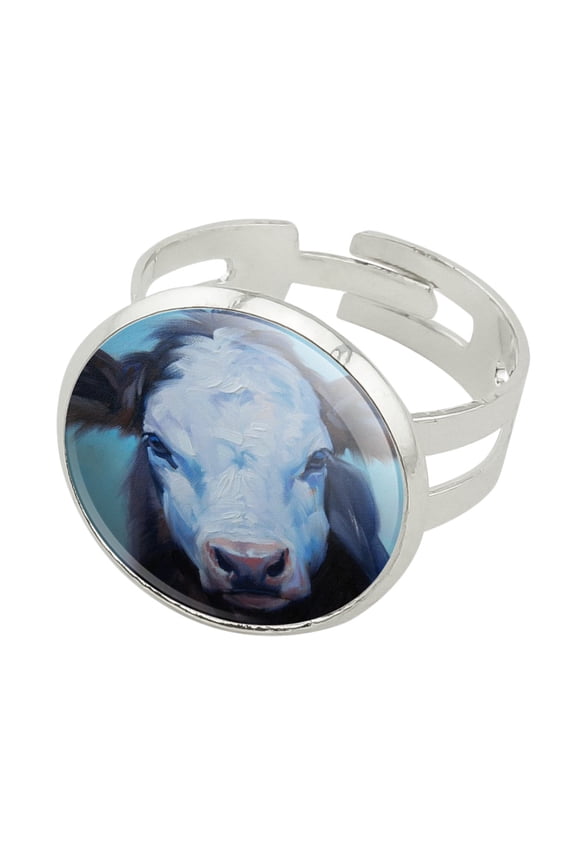 Brown and White Cow Painting Silver Plated Adjustable Novelty Ring