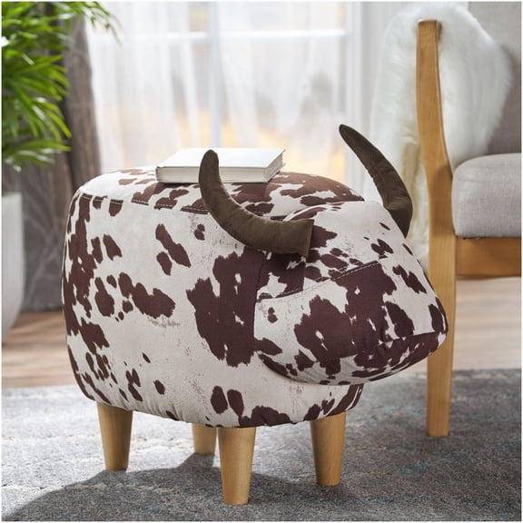 Brown and White Cow Print Velvet Ottoman Footstool, Modern Animal Shaped Accent Stool for Living Room, Bedroom, Porch, Garden Decor