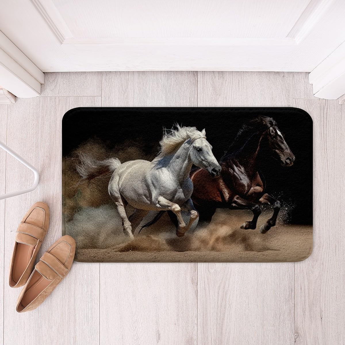 Brown and White Galloping Bathroom Rug Farm Horse Bath Mat, 3D Horse Carpet Farmhouse Animals