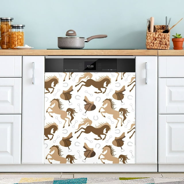 Brown and White Horse Dishwasher Cover Dishwasher Door
