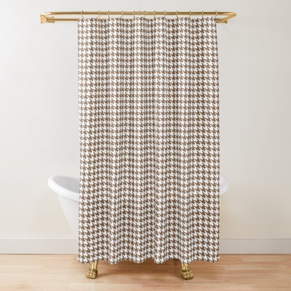 Brown and White Houndstooth Check Shower Curtain, 100% Polyester, Classic Geometric Bathroom Decor