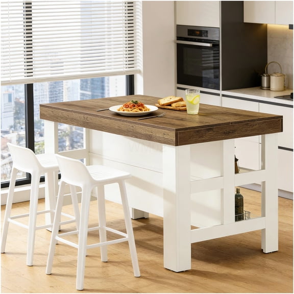 Brown and White Kitchen Island Cart with Storage Shelves, Farmhouse Style Mobile Kitchen Counter Table for Dining and Prep