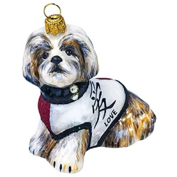 Brown and White Shih Tzu with Japanese Love Coat Polish Glass Dog Ornament