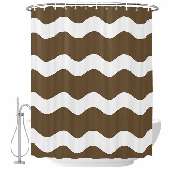 Brown and White Stripes Fabric Shower Curtain Sea Wave Washable Shower Curtains for Bathroom, Waterproof Bath Curtain with Hooks Home Decor 72x72in
