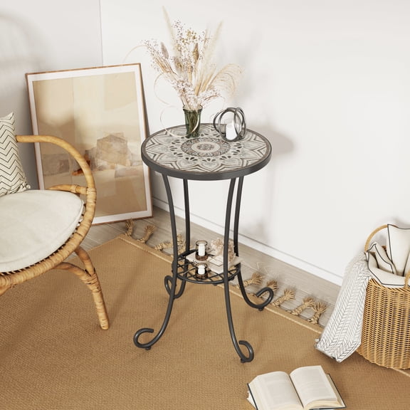 Brown+black Patio Side Table With Shelf. Ceramic Tile & Iron. 14"x14"x21.66". And Attractive. Assembly Required Table. Top Artistic Design. Slatted Lower For Indoor Outdoor Use.