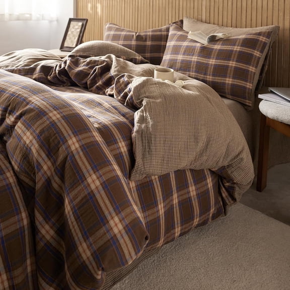 Brown&blue Plaid Duvet Cover Set Queen Size,Modern Style 3 Pieces Grid Checkered Pattern Fluffy,Muslin Blue Brown Grid Bedding with 2 Pillowcases