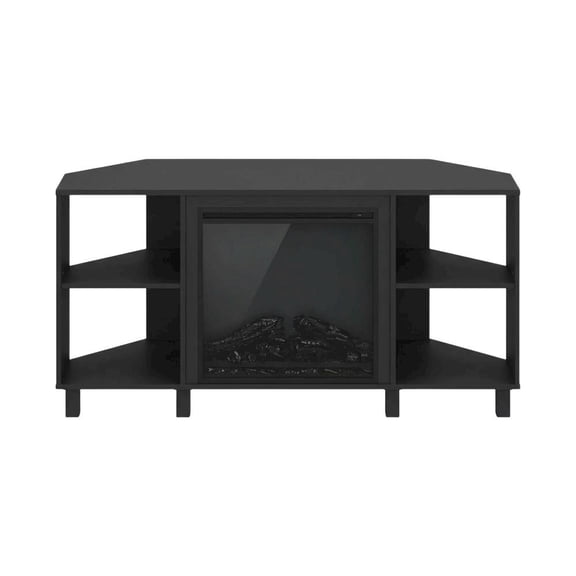 Brown electric fireplace corner TV stand with storage and media center features