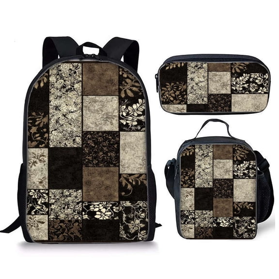 Brown floral patchwork rug Backpacks Bookbag Bags Rucksack Lunch Bag Pen Bag Three-Piece Set