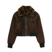 Brown fur one-piece jacket for women in autumn and winter Stylish girl motorcycle style lapel jacket top-brown-S