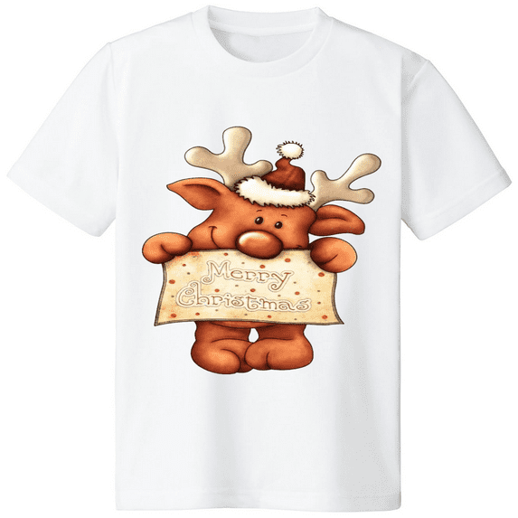 Brown hat cute little elk Marry Christmas short sleeved 3508284_white